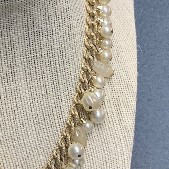 Retro Chunky Statement Necklace 14 In Textured Gold Chain Pearl Organic Round - Picture 5 of 6